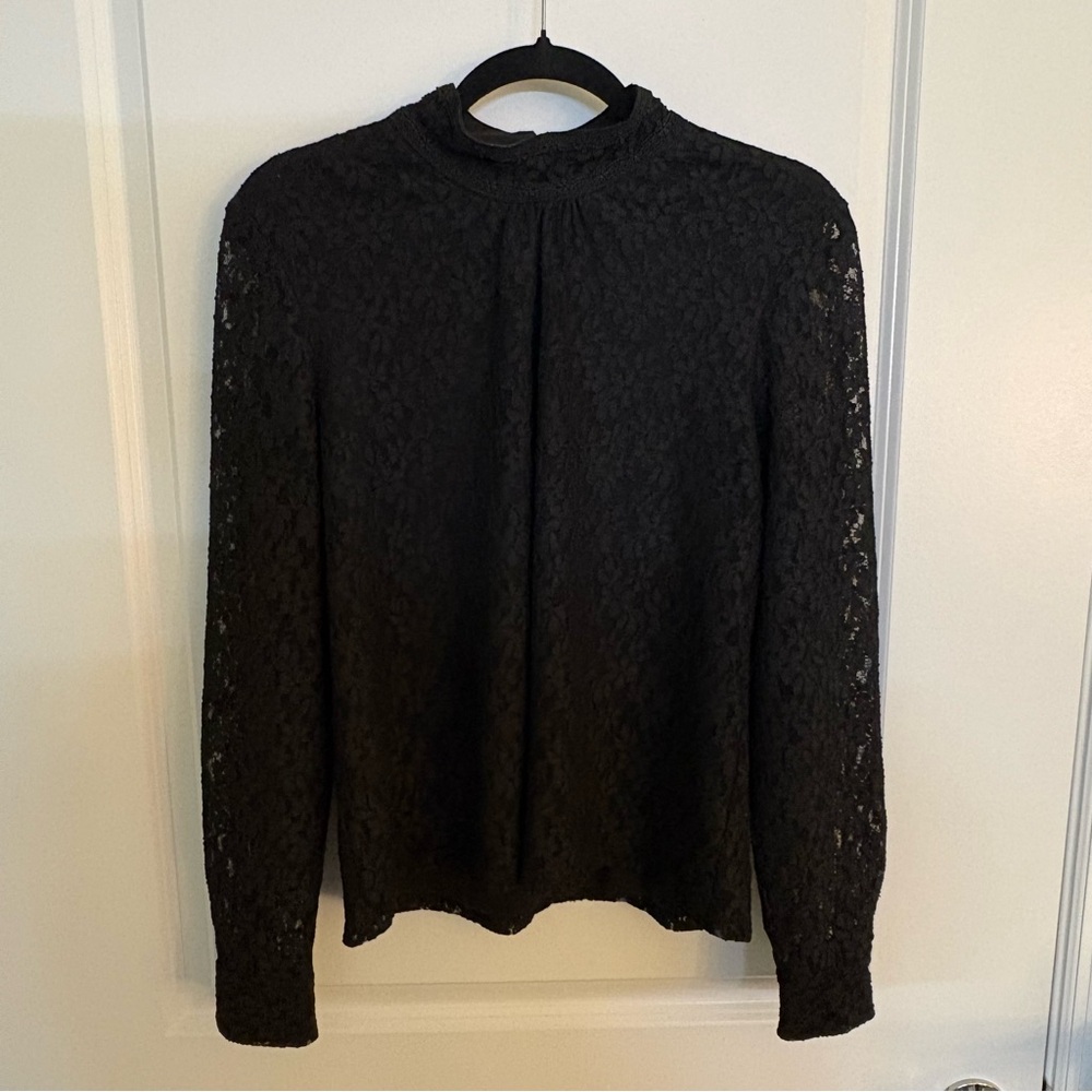 Karl Lagerfeld Black Lace Mock Neck Long Sleeve Top